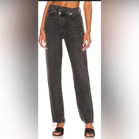 Agolde Criss Cross High Waist Jeans 29 Womens Black Shambles Cotton Frayed